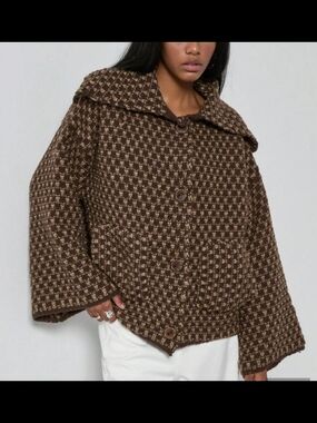 Zara Brown Checkered Oversized Knit Jacket